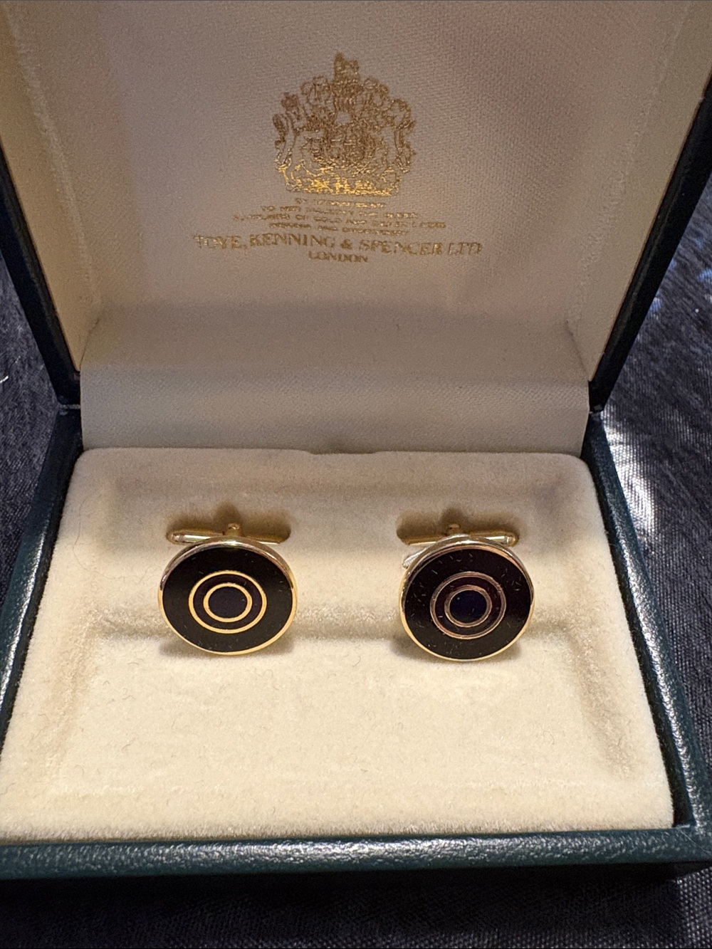 Vintage Toye Kenning & Spencer London Gold Enamel Cufflinks & Royal Box
